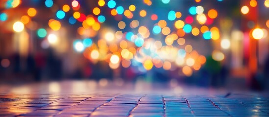 Colorful festival lights creating a lively ambiance with blurred background and ample space for text in vibrant evening setting