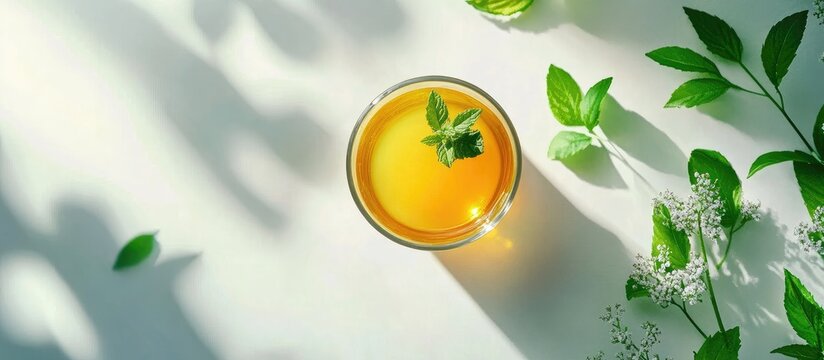 Refreshing orange juice in glass topped with mint leaves surrounded by greenery perfect for summer beverage promotions or healthy lifestyle themes