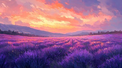 Obraz premium Lavender Field Sunset Serene Purple Panorama