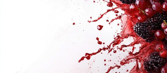 Red wine splashes with dark red berries and white space for text perfect for wine promotions or beverage advertisements