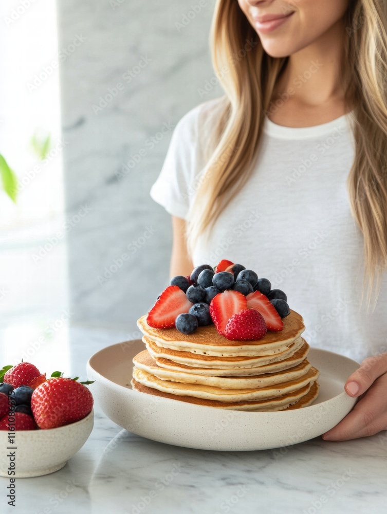 Poster delicious stack of golden pancakes topped with fresh strawberries and blueberries on a marble table.