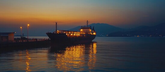 Fototapeta premium Cargo ship docked at pier during twilight with serene water reflection and empty space for text or advertising copy