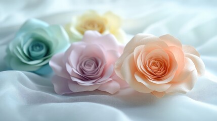Soft fabric texture with delicate pastel paper roses showcasing material elegance and gentle hues for decorative design inspiration