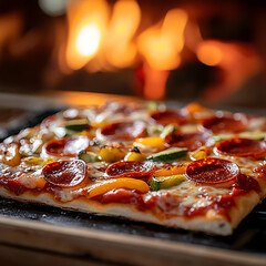 A close-up of a deep-dish pizza loaded with cheese and pepperoni, highlighting its gooey texture and hearty appeal, perfect for pizza advertisements.