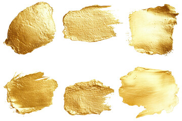 Naklejka premium Golden Brushstrokes: A collection of six unique, hand-painted gold brushstrokes, perfect for adding a touch of luxury and elegance to your designs. Each stroke is isolated on a white background.