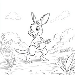 Happy Kangaroo in Meadow. A cheerful kangaroo joey hops through a sun-drenched meadow, clutching a small object, in a charming children's book illustration.  