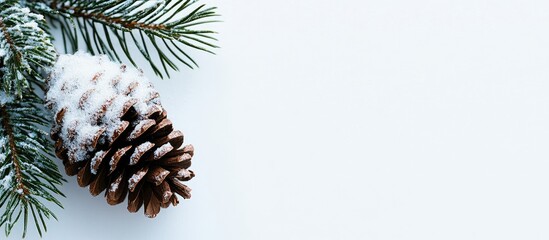 Snowy Fir Cone on White Background with Evergreen Branch and Space for Seasonal Text or Holiday Greetings