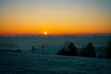 snow, sunset, winter, valley, village, christmas, wallpaper, trees, sky, orange, background, fog, cold