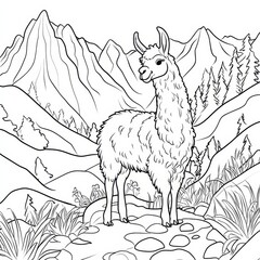 Fototapeta premium Llama in the Andes: A detailed illustration of a llama standing confidently amidst the majestic landscape of the Andes Mountains.
