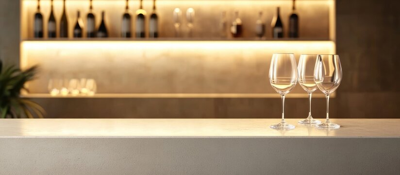 Elegant wine glasses positioned on a luxury hotel reception desk against a stylish bar backdrop with space for text or branding.