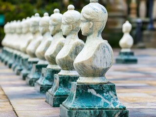 A row of marble busts arranged as chess pieces in an outdoor setting.