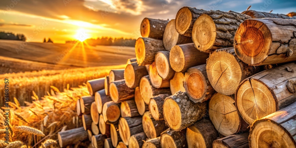 Poster golden hour glow bathes a stack of logs in the warm light of the setting sun