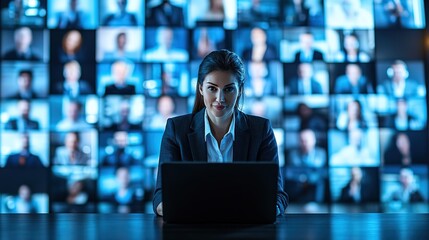 Remote hybrid work and telecommuting setup with businesswoman on laptop in a home office for virtual team collaboration and teleconference meeting with coworkers, 8k Resolution 