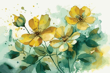 Watercolor painting set of yellow wild flowers branches on white background, vector illustration