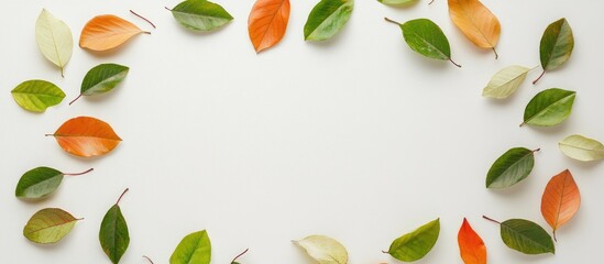 Wreath made of colorful leaves on a light background with ample blank space for customizable text or messages