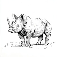 Fototapeta premium Rhino Illustration: A detailed black and white illustration of a rhinoceros in a natural setting. The line work is intricate and captures the animal's powerful presence.