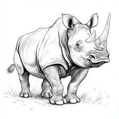 Fototapeta premium Majestic Rhino Portrait: A detailed pencil sketch of a rhinoceros, showcasing its powerful presence and intricate details. The rhino stands majestically in a patch of grass.