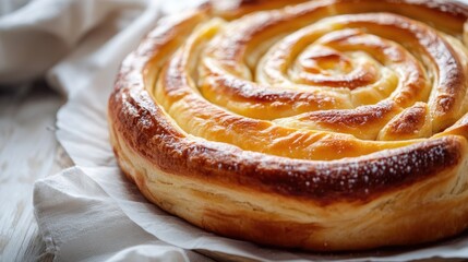 Fototapeta premium Homemade golden spiral pastry with a flaky texture and sweet glaze perfect for summer desserts