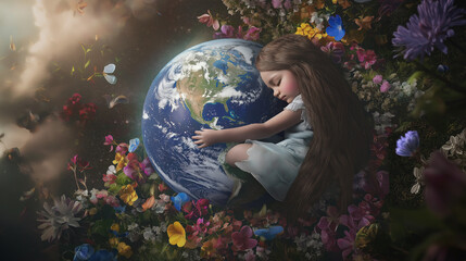 Naklejka premium Girl with long flowing hair sleeping on a flower-adorned globe, embodying Mother Earth in serene, environmental-themed digital art.
