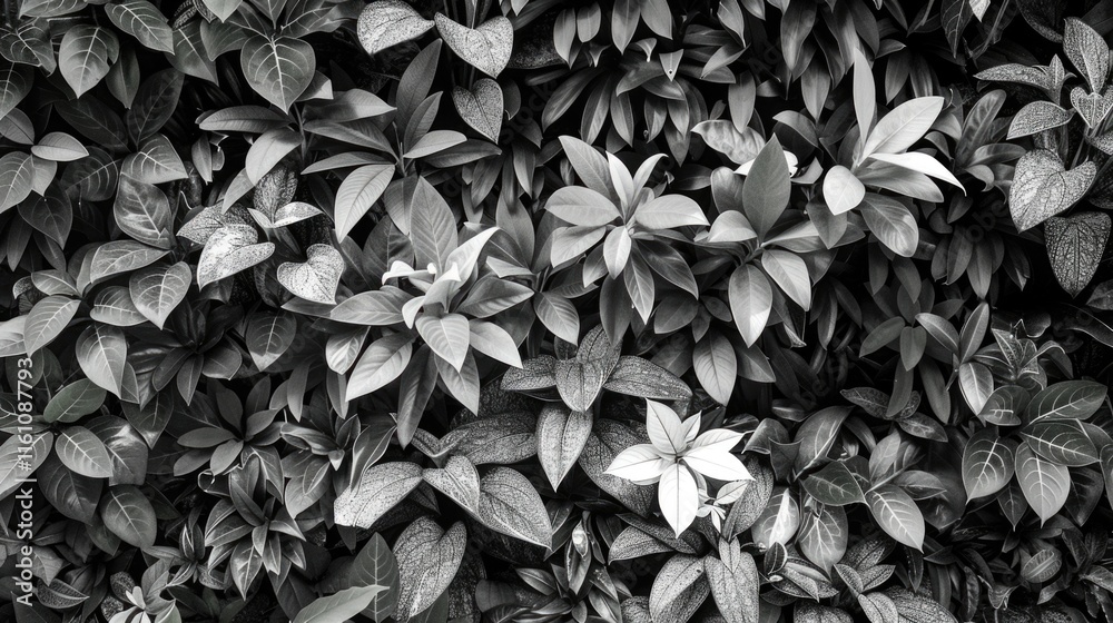 Sticker Close up of a plant with many leaves. The leaves are mostly black and white, with a few white flowers. The image has a moody, almost eerie feel to it