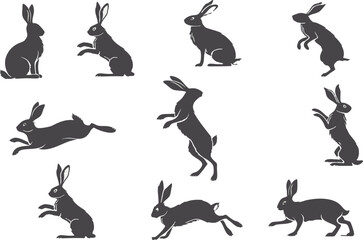 Collection of Black Rabbit Silhouettes Depicting Various Poses and Movements