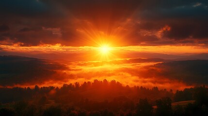 Obraz premium A Radiant Sunrise Over a Vibrant Landscape Filled with Trees and Silhouettes