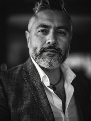 Obraz premium Portrait of man with beard and mustache wearing a black suit, appearing confident and professional.