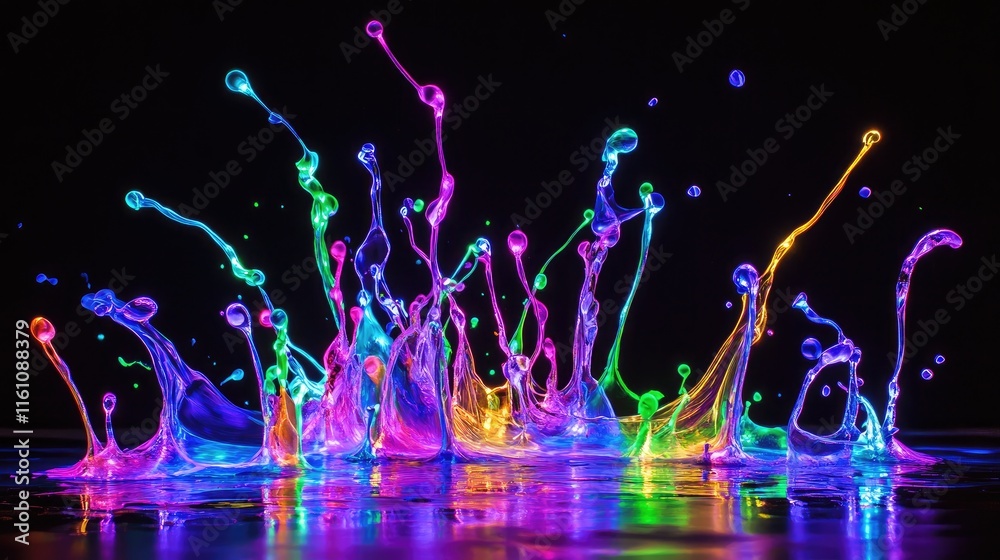 Poster vibrant neon paint splash with stroboscopic lights on black background creating a colorful explosion