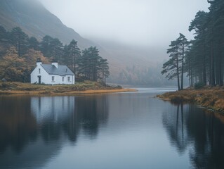Fototapeta premium A serene lakeside scene featuring a white house surrounded by trees and misty mountains.