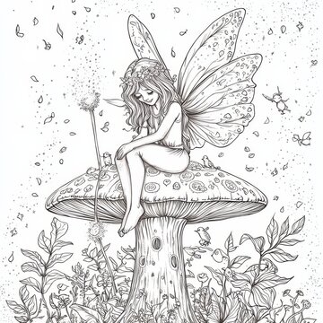 Enchanted Fairy on Mushroom: Line art drawing of a whimsical fairy sitting on a giant mushroom in a magical garden, surrounded by butterflies, birds, and flowers. Perfect for coloring books.