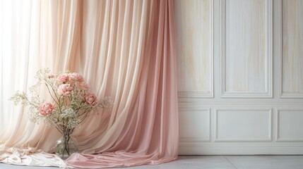 Elegant soft pink curtains gracefully draping with delicate flowers in a glass vase enhancing a serene interior aesthetic.