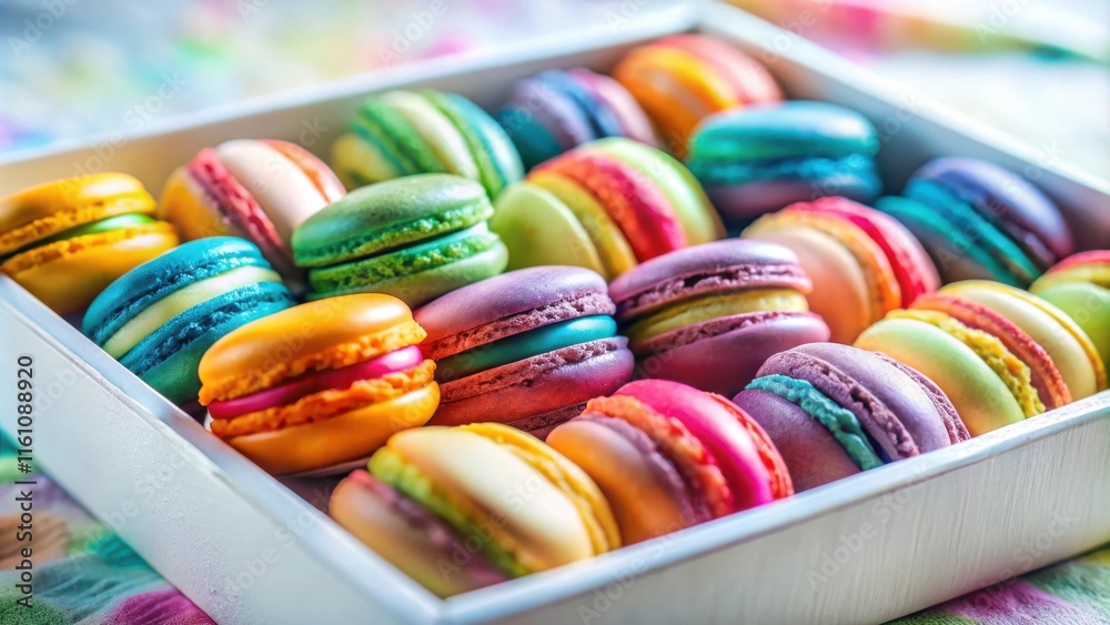 Poster A colorful array of macarons arranged in a white box, showcasing their delicate pastel hues and inviting textures.