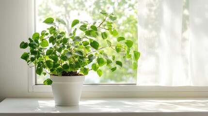 Fototapeta premium Indoor room setting with white table and houseplant by a window brightening the space natural light and serene atmosphere for presentations