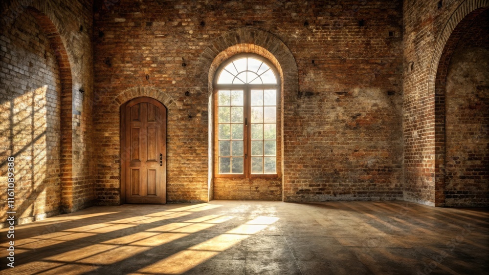 Poster sunlight streams through an arched window in a brick room, casting long shadows on the wooden floor