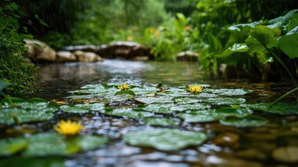 Serene Rainy Landscape with Water Lilies on Calm Stream Surrounded by Lush Greenery and Tranquil Nature Elements