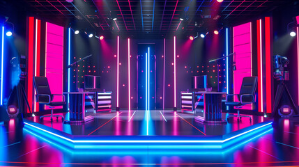 vibrant and engaging empty game show talk show set, highlighted by bright stage lights, stylish chairs, and a prominent table, ready to host entertaining discussions in a lively studio ambiance