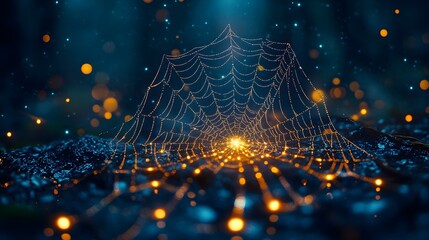 Enchanting Darkness: A Captivating Glowing Spider Web with Fireflies in a Mystical Night Scene