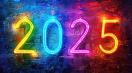 New Year promotional poster with "2025" at the center, vibrant hues, urban night backdrop, gradient design, captured with a telephoto lens, spotlit highlights, dazzling festive ambiance, contemporary 