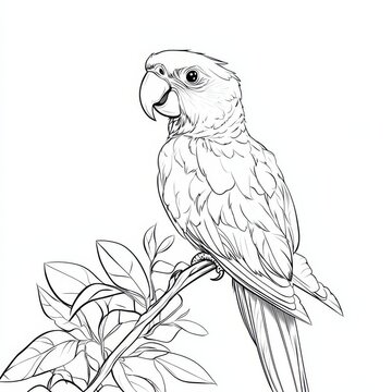 Line Art Parrot:  A detailed line drawing of a parrot perched on a branch, showcasing its vibrant plumage and captivating gaze.  Perfect for coloring books, nature-themed projects.