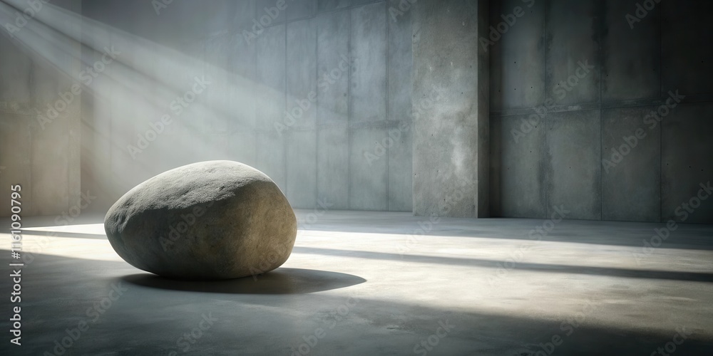 Aufkleber a single smooth rock rests in the center of a stark, minimalist concrete room illuminated by a singl