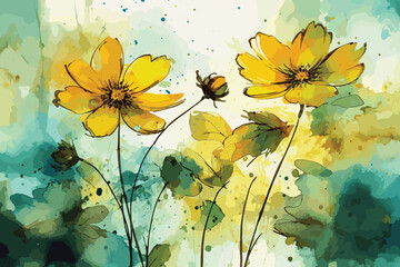 Watercolor painting set of yellow wild flowers branches on white background, vector illustration