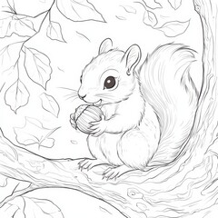 Obraz premium Squirrel with a Nut in a Tree: A charming squirrel, rendered in delicate lines, perches contentedly on a tree branch, clutching a nut, surrounded by leaves and foliage.