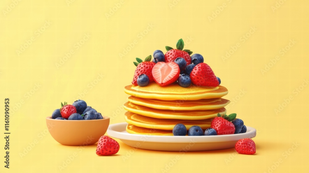 Poster stack of golden pancakes with strawberries and blueberries against a bright backdrop inviting a morn