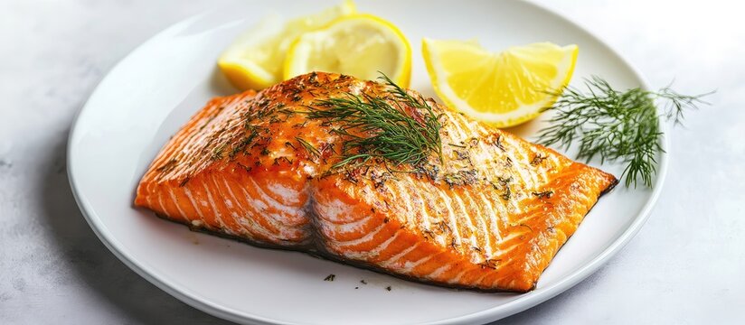 Whole roasted salmon garnished with lemon wedges and fresh dill on a plate with empty space for text in a minimalist setting