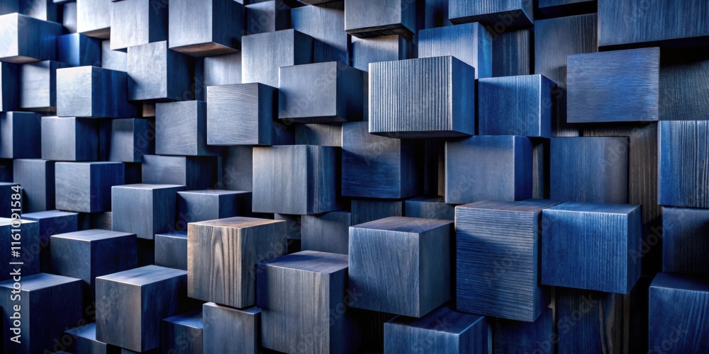 Leinwandbilder a wall of abstract geometric shapes composed of dark blue wooden cubes, arranged in a dynamic and ca