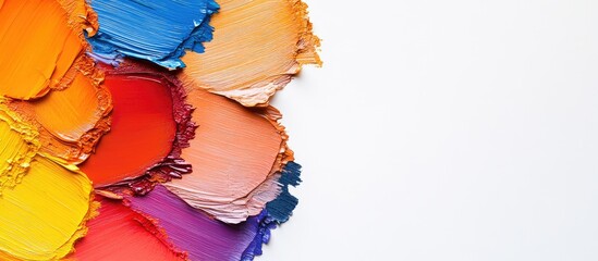 Vibrant multicolored paint swatches arranged on a white background with ample space for text or design elements for creative projects