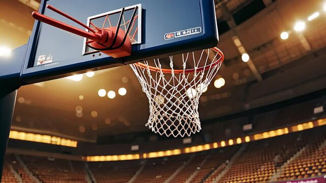 Basketball Hoop and Net in Professional Indoor Court Under Bright Arena Lights

