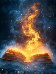 An open book emits glowing flames and smoke, symbolizing magic and knowledge.