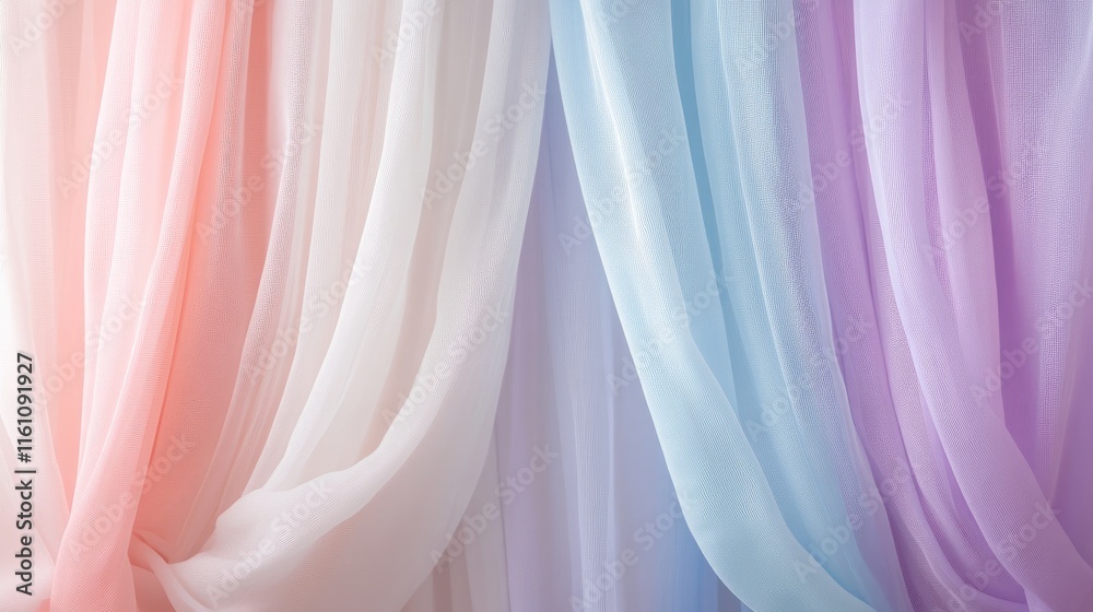 Wall mural soft pastel colored sheer fabric curtains in a layered backdrop creating a serene and calming atmosp