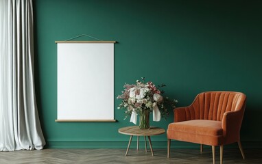 Mock-up of a clean white poster against a rich emerald green wall, with a luxurious velvet armchair and a warm wooden coffee table 